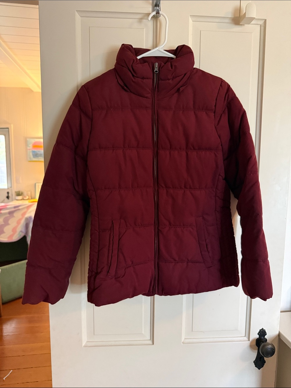 Old Navy Quilted Wine Red Puffer Jacket with Stand Collar